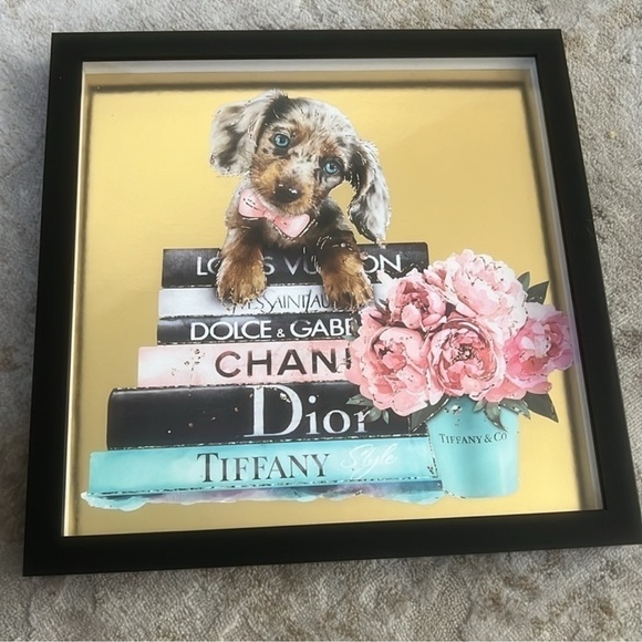 Oliver Gal Dachshund Shadow Box Fashion Tiffany Blue Book Office Floral Coco Dog - Picture 3 of 8